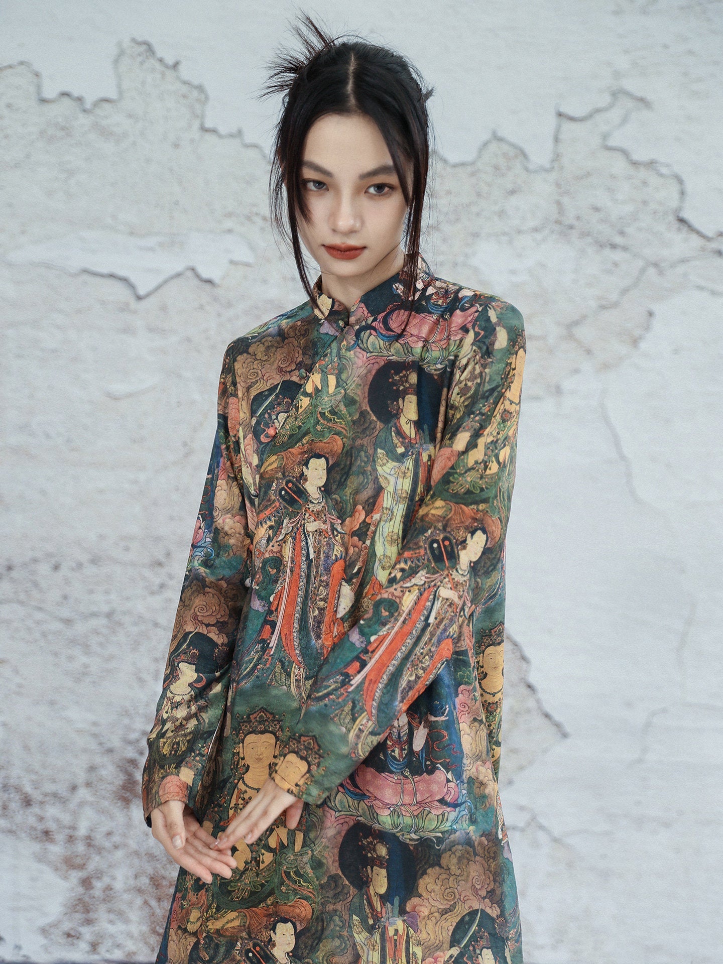 New Chinese Style Dunhuang Mural Prints Long Sleeve Cheongsam Dress