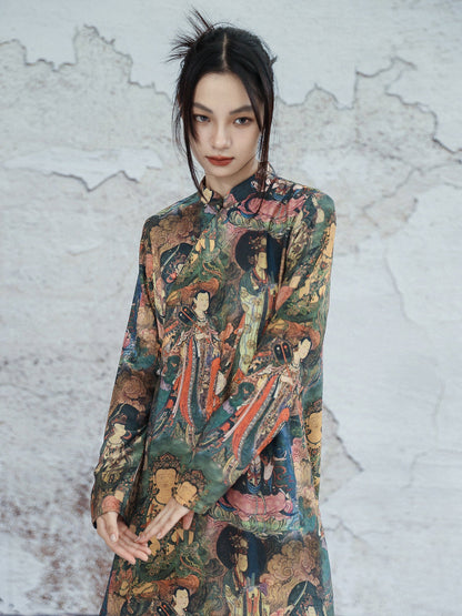 New Chinese Style Dunhuang Mural Prints Long Sleeve Cheongsam Dress