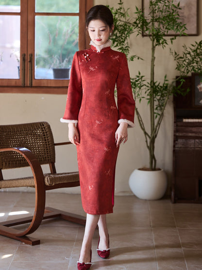 Chinese Wedding Engagement & Tea Ceremony Long Sleeve Cheongsam | Dragonfly