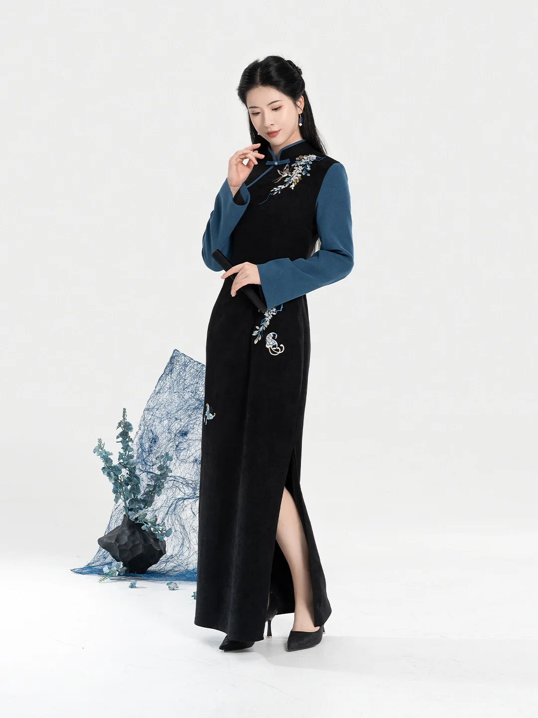 New Chinese Style Qipao Dress Embroidered Layered Long Sleeve Dress - Garden Butterfly 园中蝶 (Preorder)