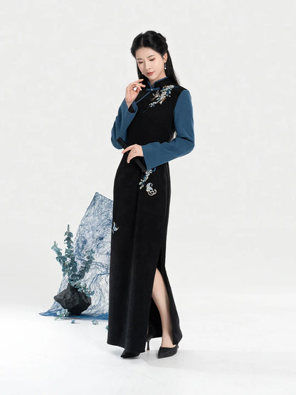 New Chinese Style Qipao Dress Embroidered Layered Long Sleeve Dress - Garden Butterfly 园中蝶 (Preorder)