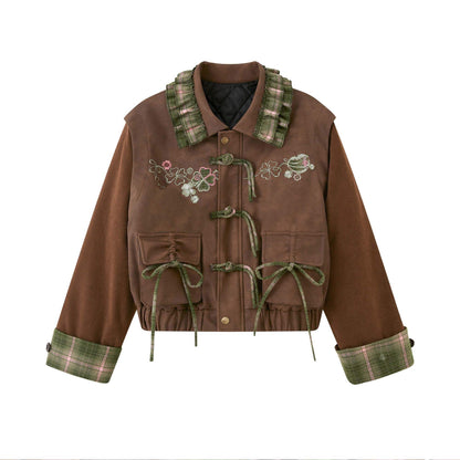 New Chinese Style Plaid Vintage Jacket with Dress - Honey Four Leaf Clover 蜂蜜四叶草
