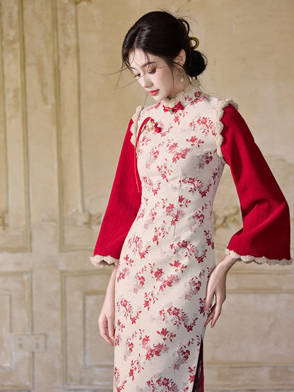 Long Sleeve Fur Trim Midi Qipao | Rose Petals