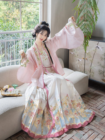 Ming Dynasty Spring Hanfu Set with Pink Mamian Skirt for Women | Peach Blossoms of Antiquity 博古桃花