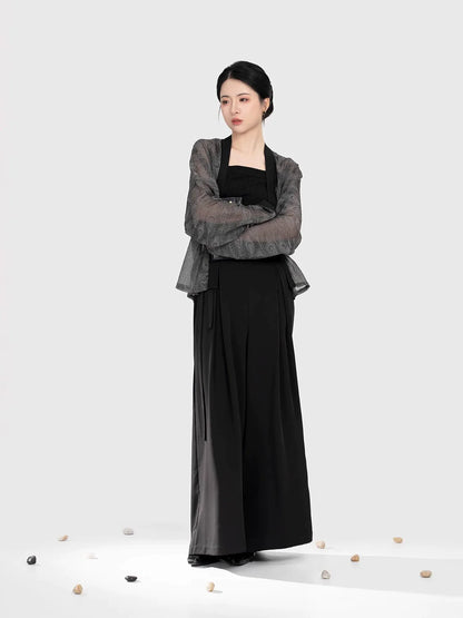 Song Dynasty Modern Hanfu Set with Bijia, Winged Sleeve Top and Wide Leg Pants - Crow Commands 乌翎 (Preorder)