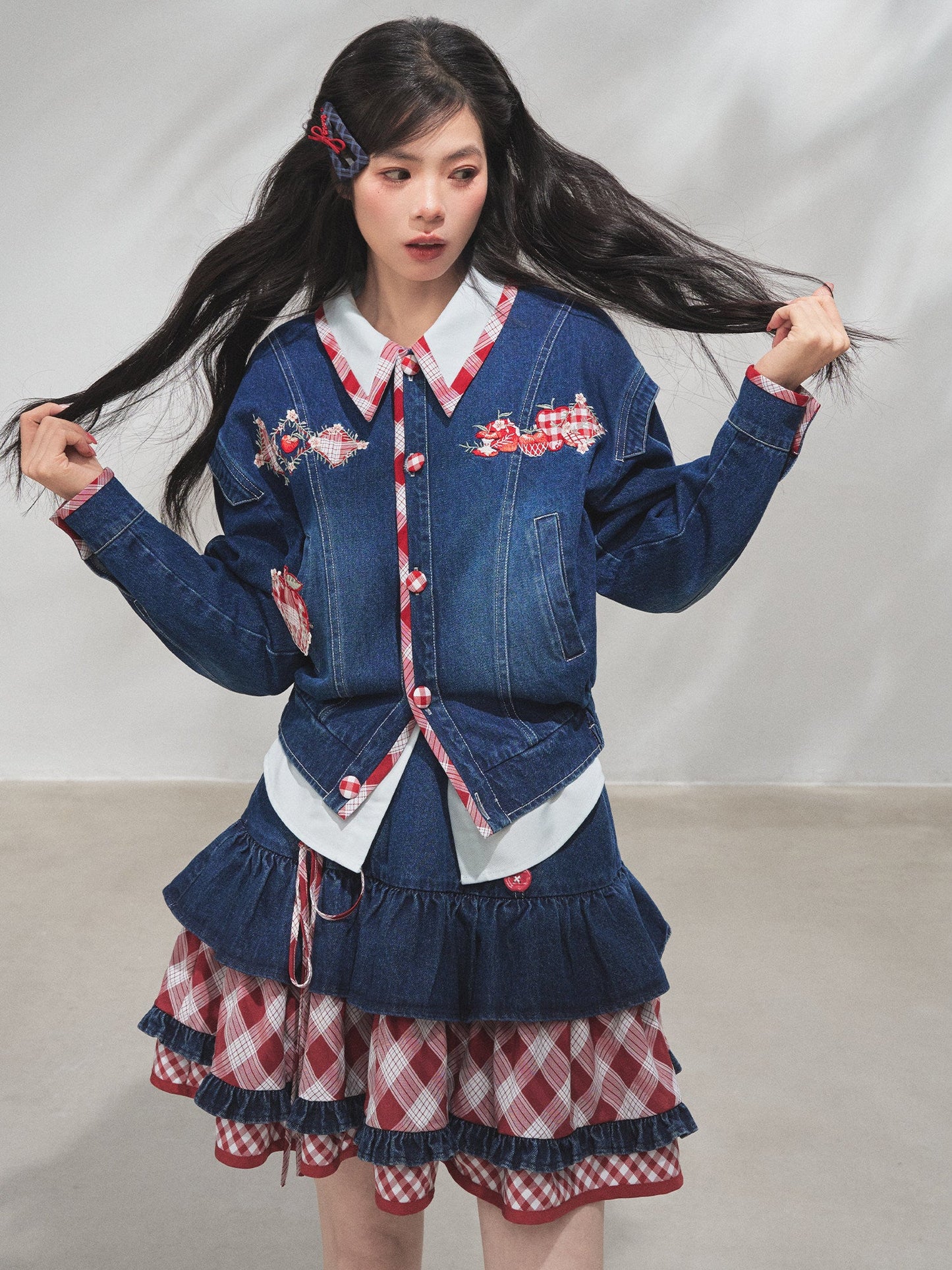 Modern Hanfu Denim Jacket, Trousers & Chinese Style Denim Skirt 苹果园