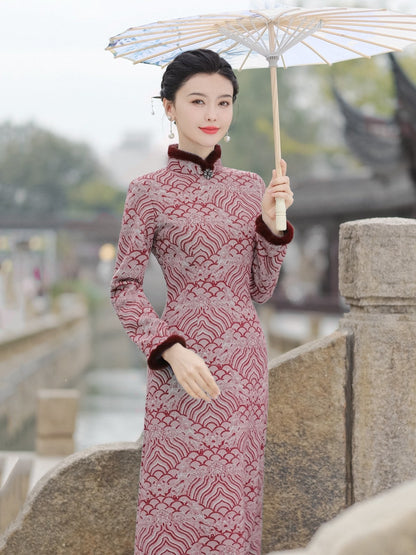 Long Sleeve Fur Trim Oriental Clouds Qipao | Winter Windows