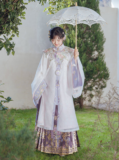 Ming Dynasty Hanfu Set with Robe & Violet Mamian Skirt | Misty Vines 紫雾青藤