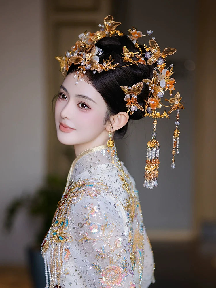 Blush of Bridal Dew - Champagne Floral Tassel Bridal Hairpin Elegant Glass Chinese Wedding Hair Accessories