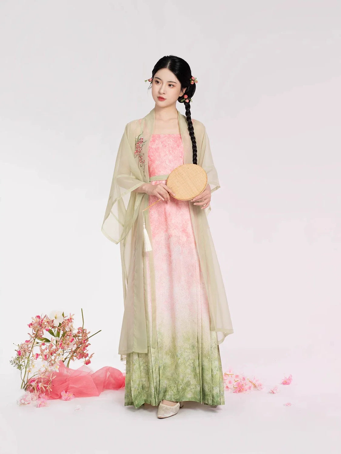 Song Dynasty Modern Hanfu Set with Changgan Temple Beizi and Mamian Slip Dress - Peach Willow Branch 桃柳枝 (Preorder)