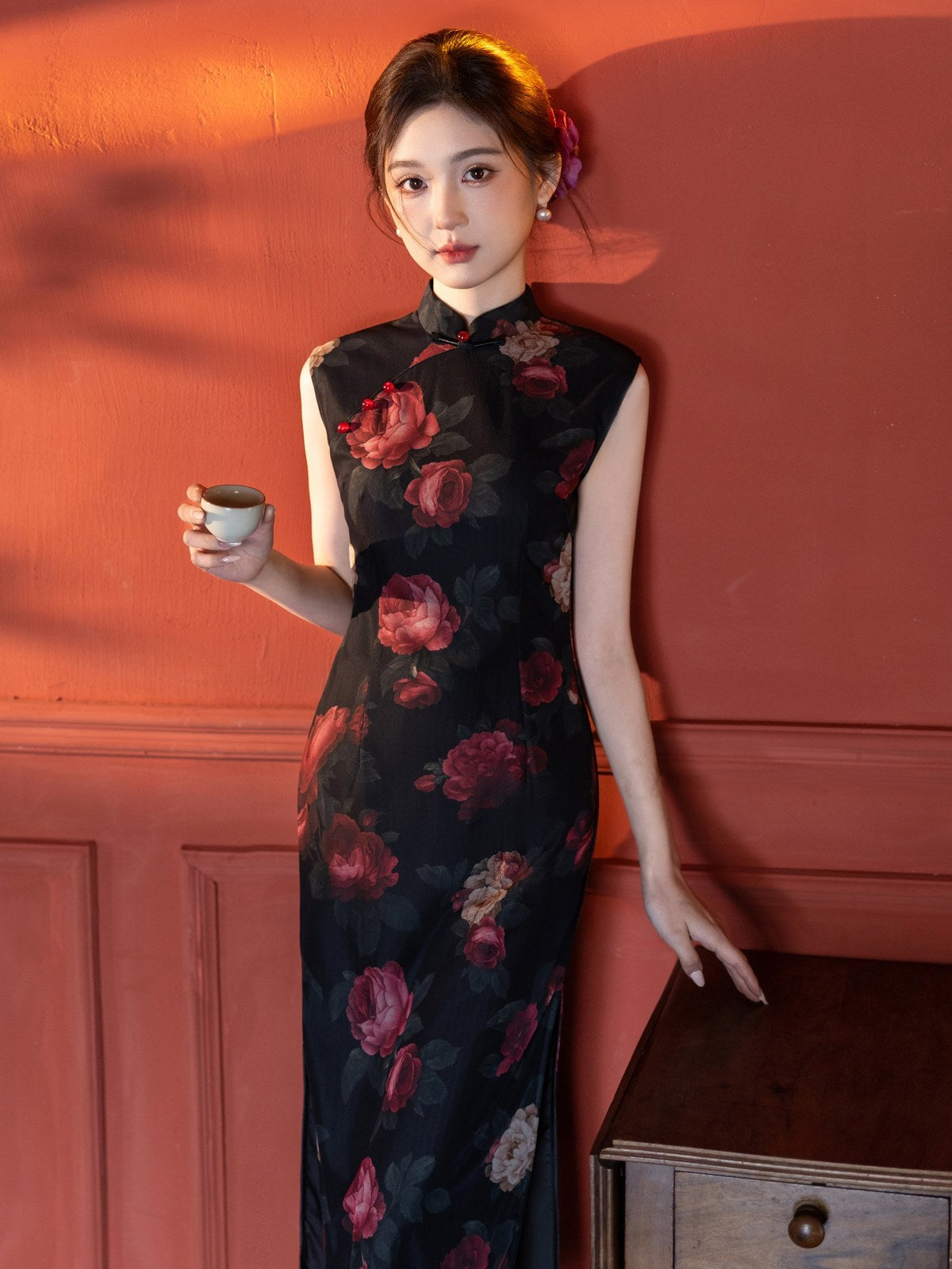 Sleeveless Floral Midi Cheongsam | Night Rose