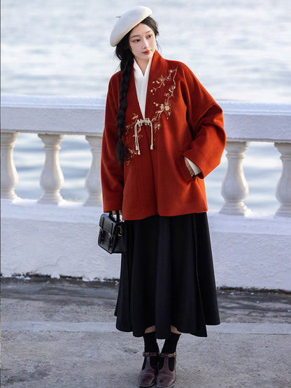 Song Dynasty Modern Hanfu Winged Sleeve Top and Wrap Skirt for Autumn and Winter - Plum Fragrance 倚梅香 (Preorder)