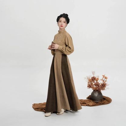 New Chinese Style Women Long Sleeve Top, Skirt & Long Coat Modern Hanfu Set - Brown Pine 泠竹褐松 (Preorder)