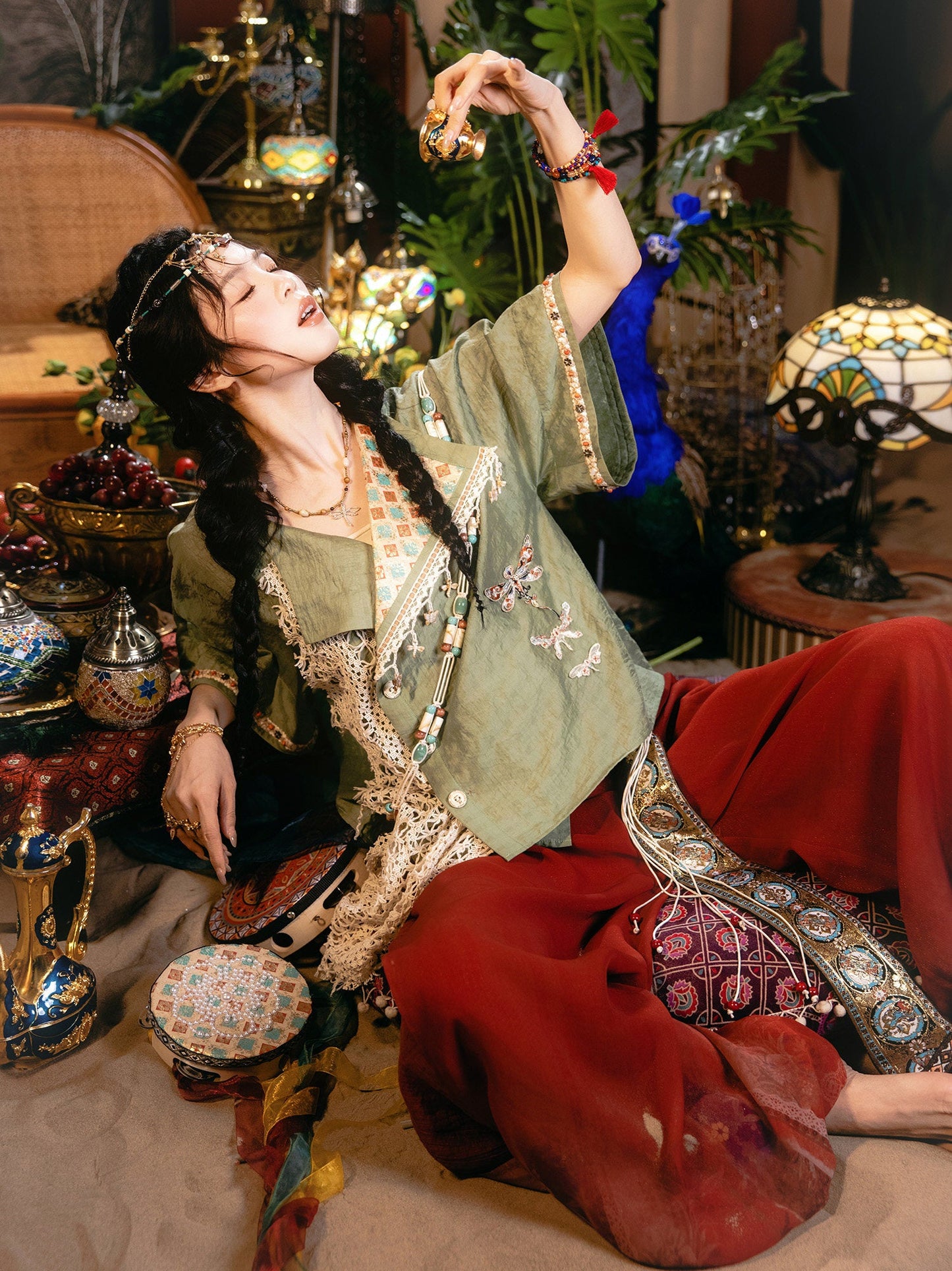 New Chinese Style Dunhuang Summer Blouse and Short Skirt Set - Linglu Sanskrit 菱路梵音