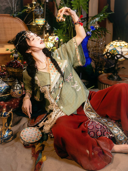 New Chinese Style Dunhuang Summer Blouse and Short Skirt Set - Linglu Sanskrit 菱路梵音
