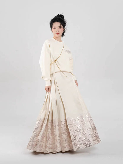 Ming Dynasty Modern Hanfu Mamianqun Outfit - Blooming Lotus 金莲宝相