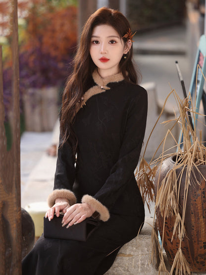 Long Sleeve Fur Trim Midi Qipao | Denise