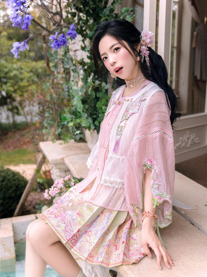Ming Dynasty Modern Hanfu Half Sleeve Top and Mini Mamianqun - Peach Fragrance 梦桃香