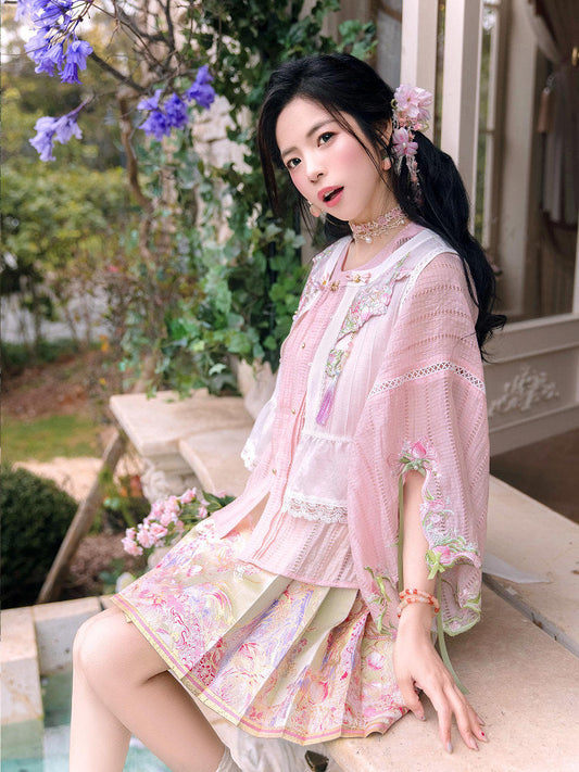 Ming Dynasty Modern Hanfu Half Sleeve Top and Mini Mamianqun - Peach Fragrance 梦桃香