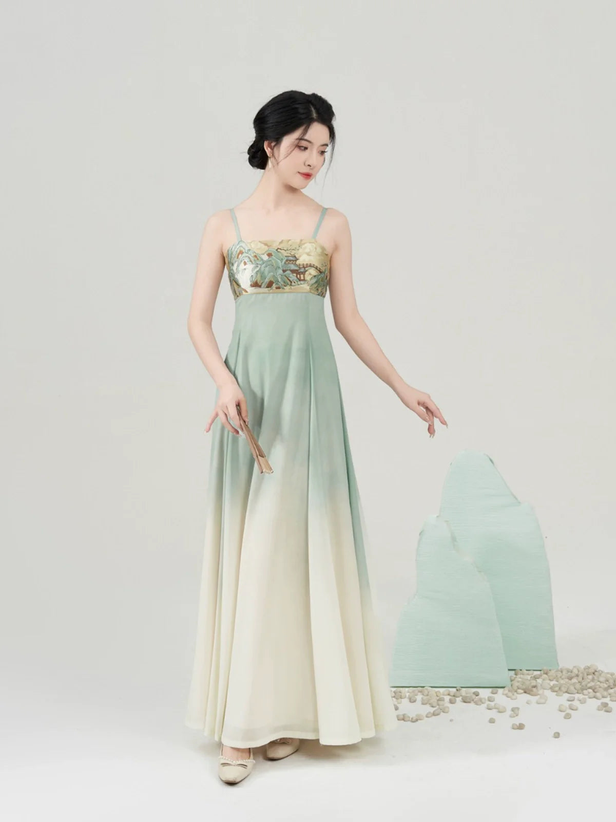 Modern Tang Dynasty Hanfu Slip Dress Set - Tranquil Mountain Path 青山行 (Preorder)