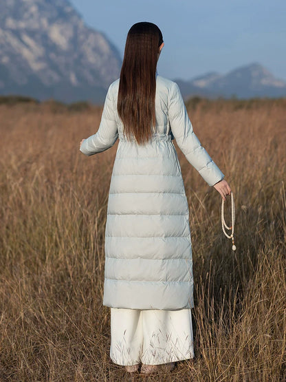 Snowy Dreams 雪中梦 - Long Vintage Chinese Style Down Coat for Women Over-Knee Length, Thickened Winter Tang Suit and Qipao Outerwear