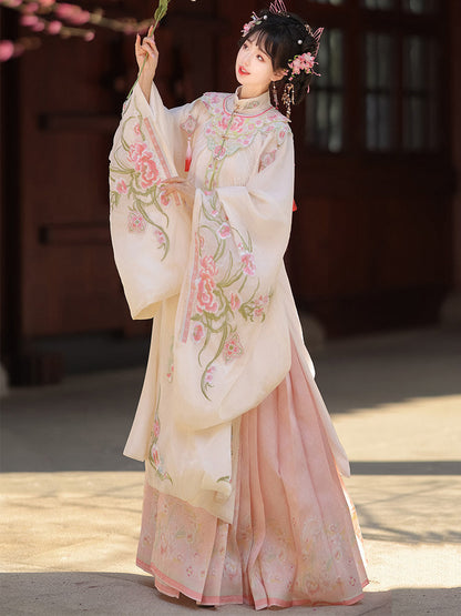 Ming Dynasty Hanfu Set with Embroidered Cloud Collar & Mamian Skirt｜Spring Walk 游春