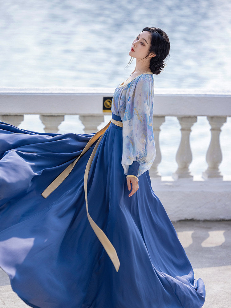 Tang Dynasty Modern Hanfu Heart Collar Top and Wrap Skirt - Van Gogh Sea 梵高的海国 (Preorder)