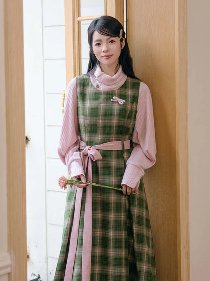 New Chinese Style Plaid Vintage Jacket with Dress - Honey Four Leaf Clover 蜂蜜四叶草