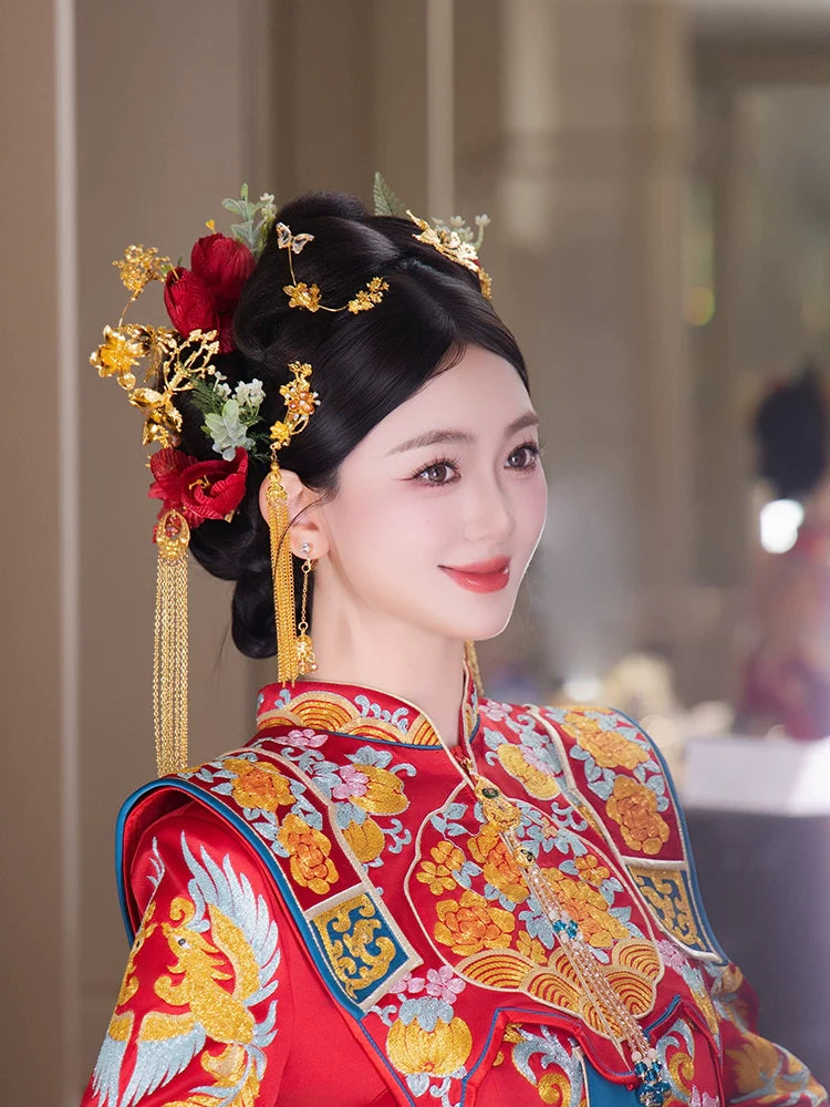Crimson Phoenix Whisper - Red and Gold Phoenix Bridal Hairpin Vintage Chinese Wedding Headpiece
