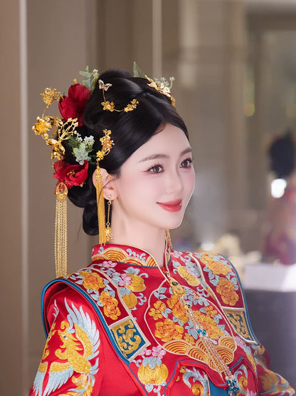 Crimson Phoenix Whisper - Red and Gold Phoenix Bridal Hairpin Vintage Chinese Wedding Headpiece