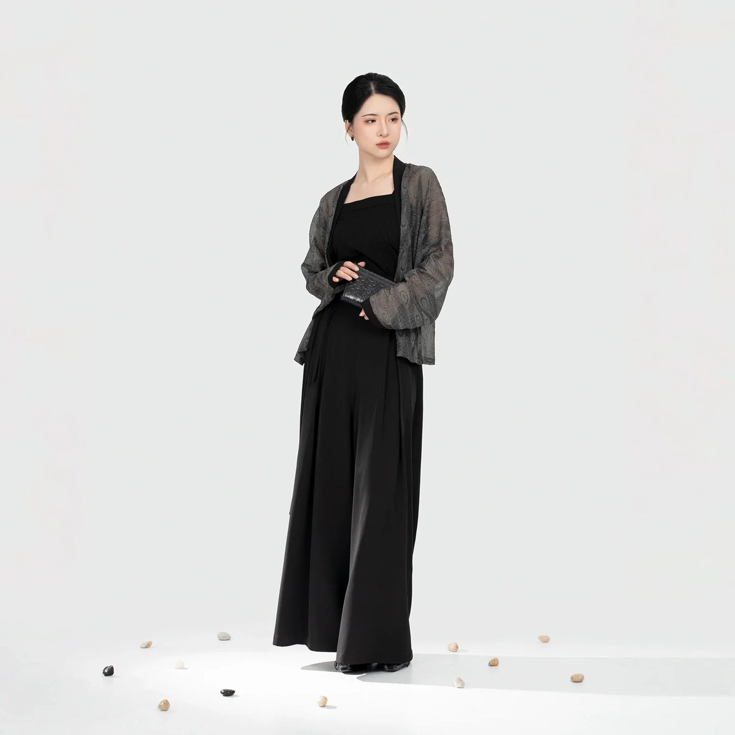 Song Dynasty Modern Hanfu Set with Bijia, Winged Sleeve Top and Wide Leg Pants - Crow Commands 乌翎 (Preorder)