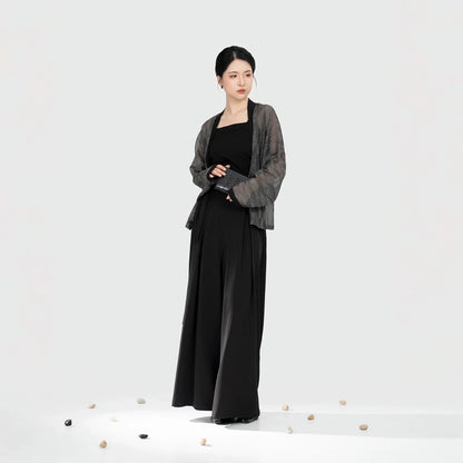 Song Dynasty Modern Hanfu Set with Bijia, Winged Sleeve Top and Wide Leg Pants - Crow Commands 乌翎 (Preorder)