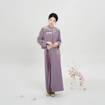 Ming Dynasty Modern Hanfu Long Sleeve Top with Spiral Skirt and Cloud Collar - Falling Wisteria 花落紫藤