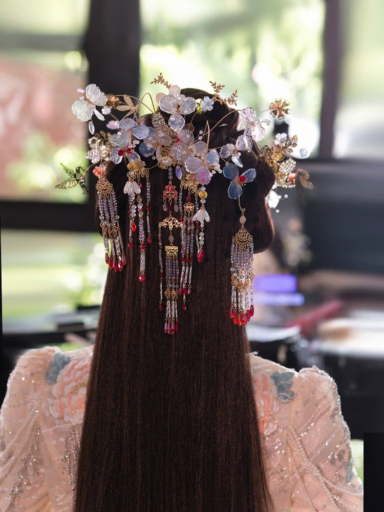 Crystal Butterfly Mist - Light Floral Bridal Hairpin Tassel Chinese Wedding Headpiece for Hanfu and Xiuhe Bride