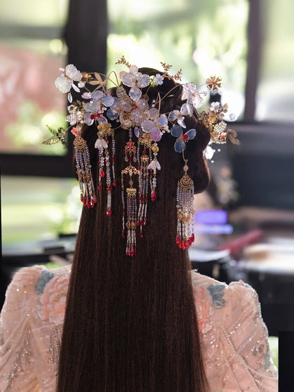 Crystal Butterfly Mist - Light Floral Bridal Hairpin Tassel Chinese Wedding Headpiece for Hanfu and Xiuhe Bride