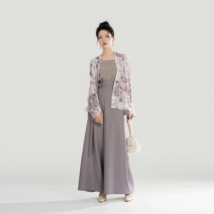 Song Dynasty Modern Hanfu Set with Winged Sleeve Top and Wide Leg Pants - Ziyun 紫芸 (Preorder)