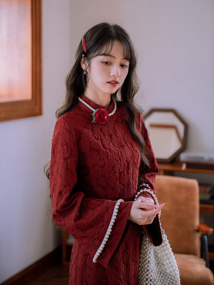 Long Sleeve Long Cheongsam with Pearls | Jinse