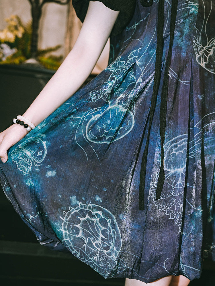 New Chinese Style Flower Bud Short Sleeve Dress - Floating Electric Jellyfish 蓝界浮荧