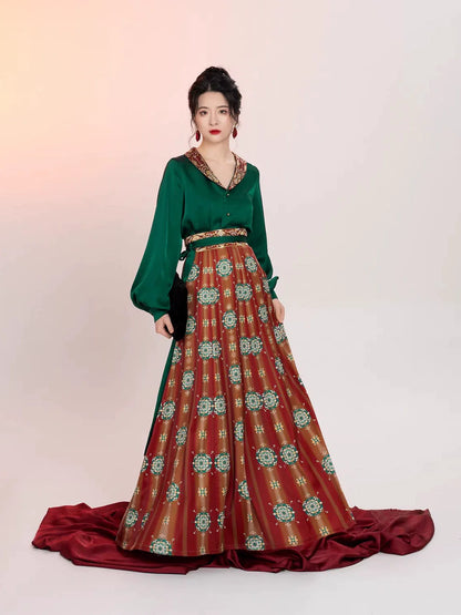 Tang Dynasty Modern Hanfu Set with Round Collar Top and Wrap Skirt - Yanhong 嫣红 (Preorder)