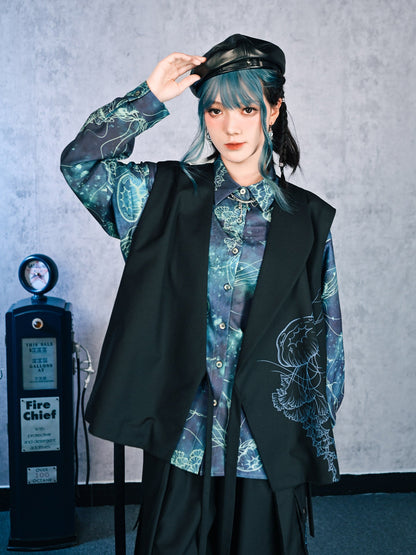 New Chinese Style Long Sleeve Top - Floating Electric Jellyfish 蓝界浮荧