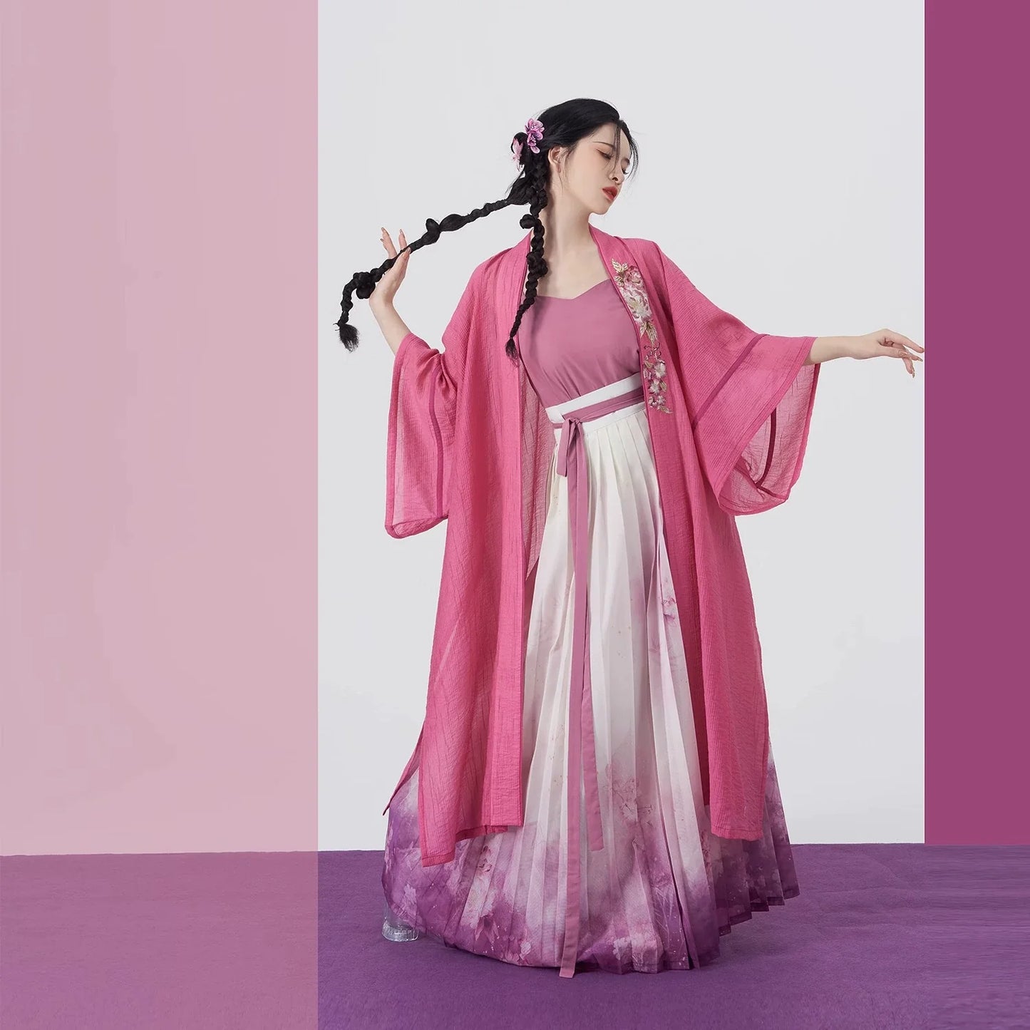 Song Dynasty Modern Hanfu Set with Changgan Temple Beizi and Wrap Skirt - Pink Carved Jade 粉雕玉琢 (Preorder)