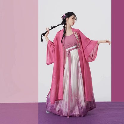 Song Dynasty Modern Hanfu Set with Changgan Temple Beizi and Wrap Skirt - Pink Carved Jade 粉雕玉琢 (Preorder)