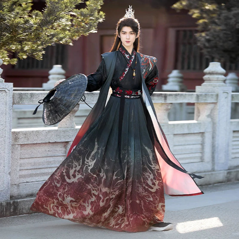 Crimson Flame 赤焰 - Unisex Wei-Jin Style Hanfu Robe with Cross Collar, Cool Heroic Ancient Style Outfit
