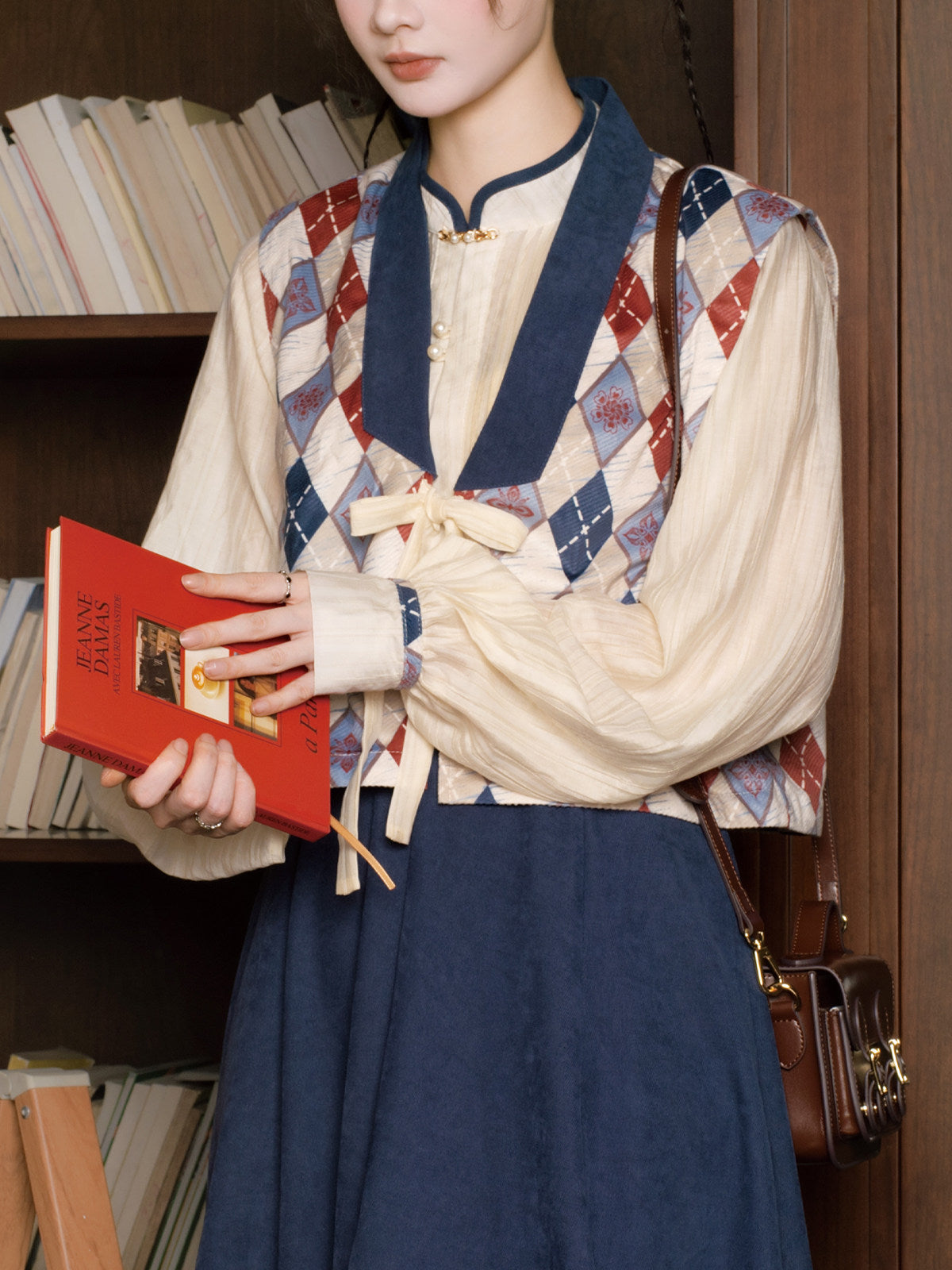 New Chinese Style Tencel Long Sleeve Top and Elastic Skirt with Pockets - Red Glaze 霁蓝红釉
