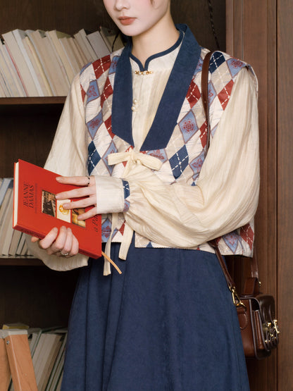 New Chinese Style Tencel Long Sleeve Top and Elastic Skirt with Pockets - Red Glaze 霁蓝红釉