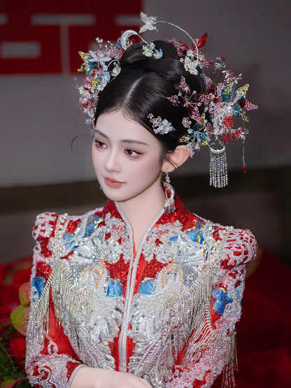 Moonlight - Silver Butterfly and Red Flower Bridal Hairpin Traditional Chinese Wedding Hair Accessories