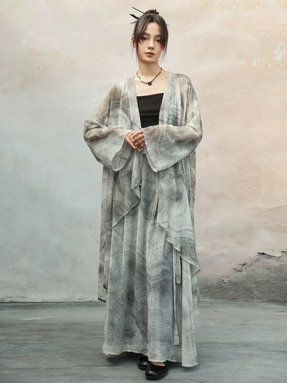 New Chinese Style Light and Breathable Graphite Texture Print Long Cardigan