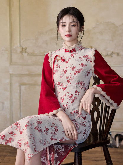 Long Sleeve Fur Trim Midi Qipao | Rose Petals