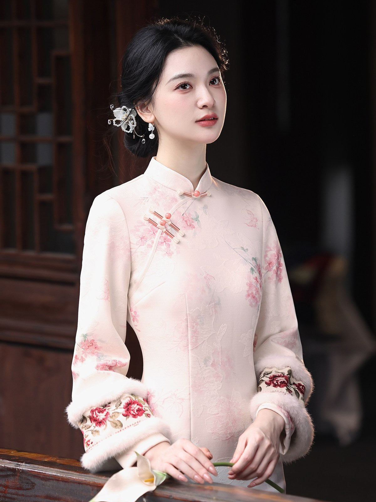 Long Sleeve Fur Trim Soft Pink Floral Qipao | Blush