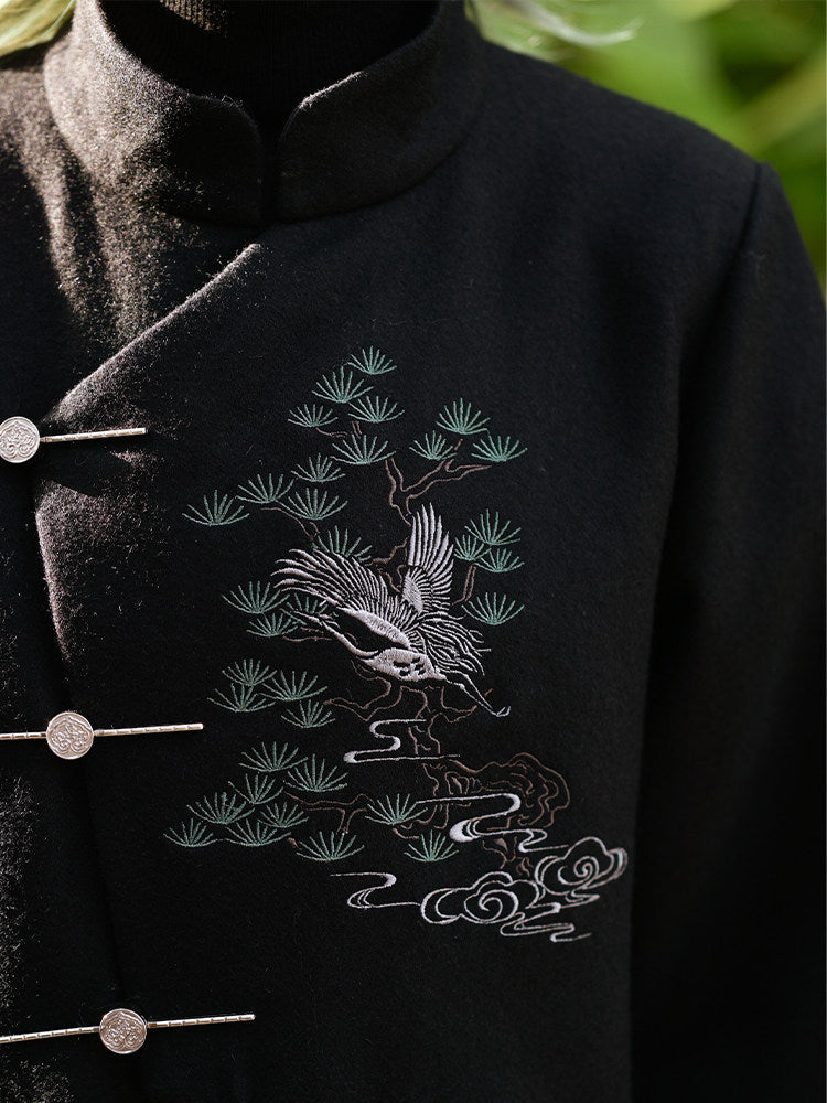 New Chinese Style Embroidery Tweed Coat - Songhe 松鹤